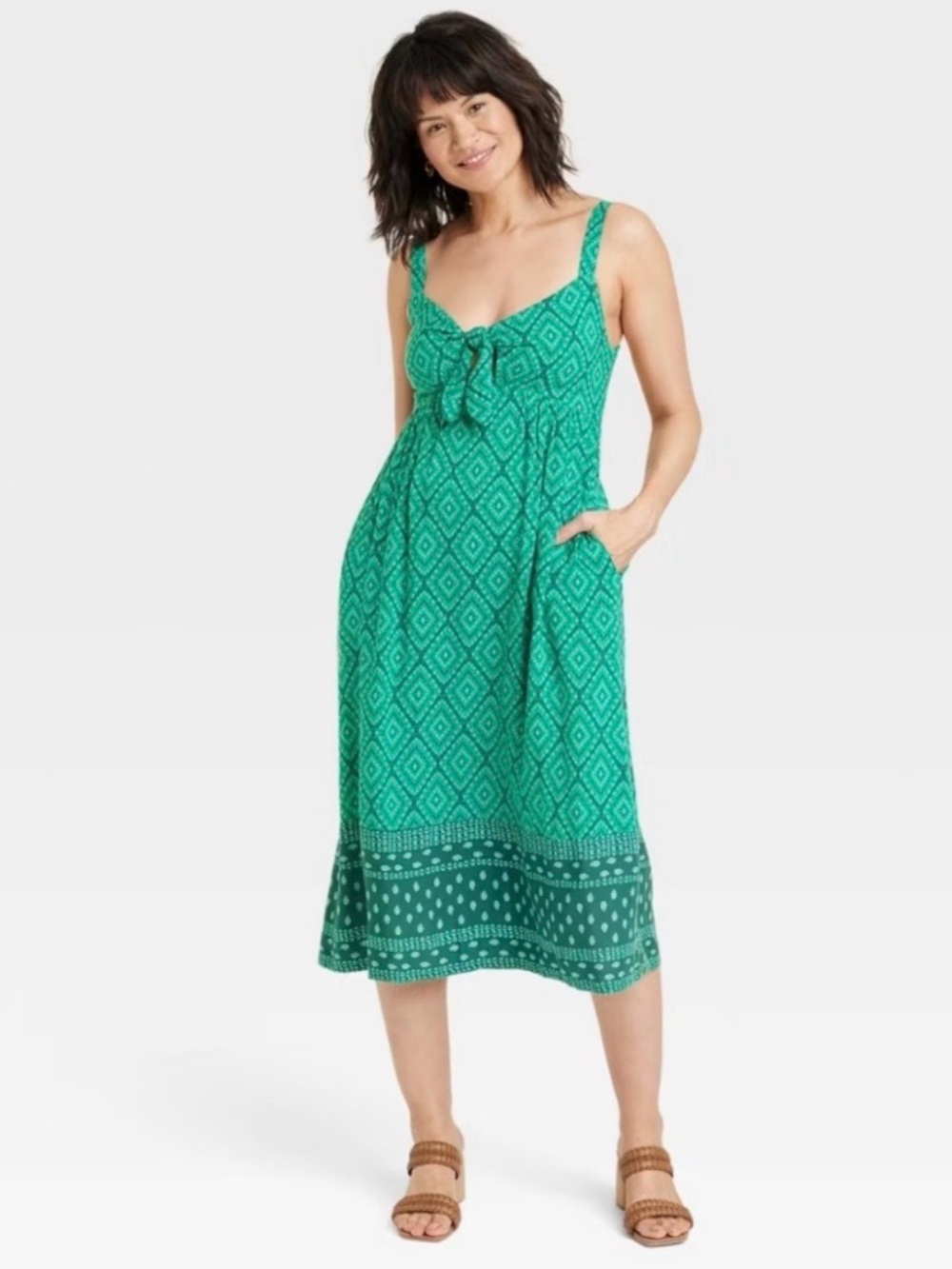 Knox Rose XL Teal Green Printed Tie-Front Maxi Dress